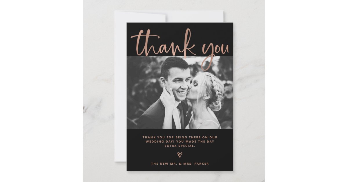 Wedding | Elegant Black and Rose Gold with Photos Thank You Card | Zazzle