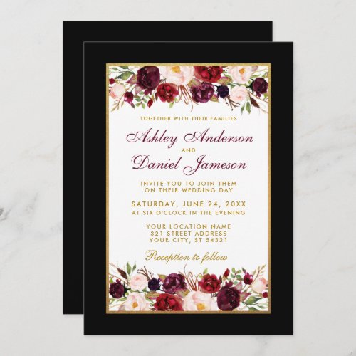 Wedding Elegant Black Gold Frame Burgundy Floral Invitation