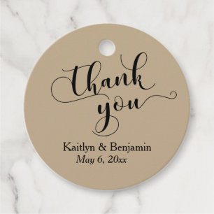 Wedding Elegant Black Script, Warm Sand Thank You Favor Tags