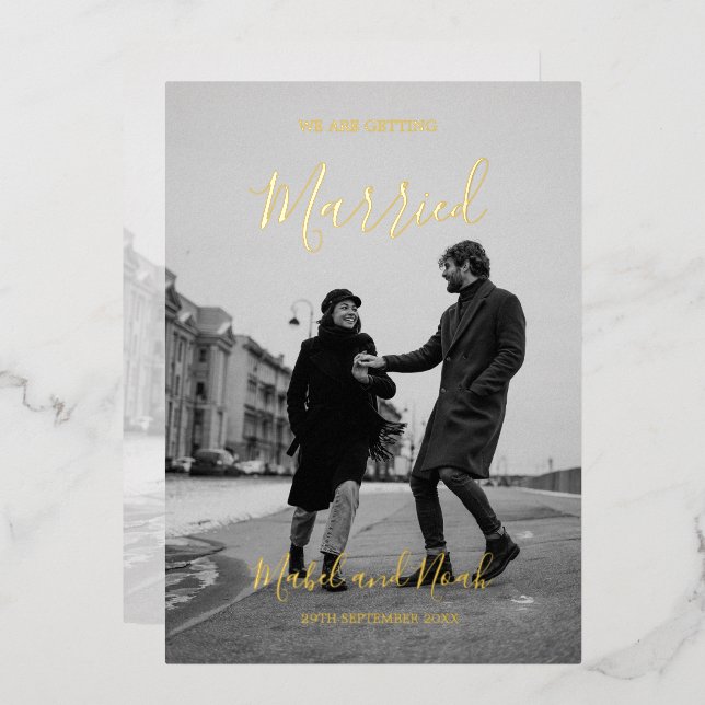 Wedding Elegant  Black White Photo Gold Foil Invitation (Front/Back)