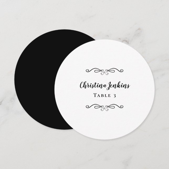 Wedding Elegant Black & White Round Place Card (Front/Back)