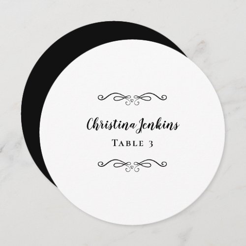 Wedding Elegant Black  White Round Place Card
