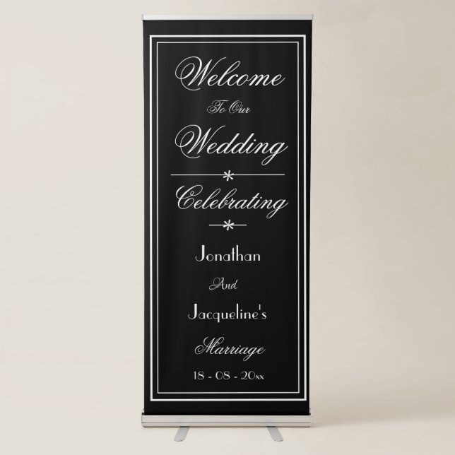 Wedding Elegant Black & White Script Chic Welcome  Retractable Banner (Front)