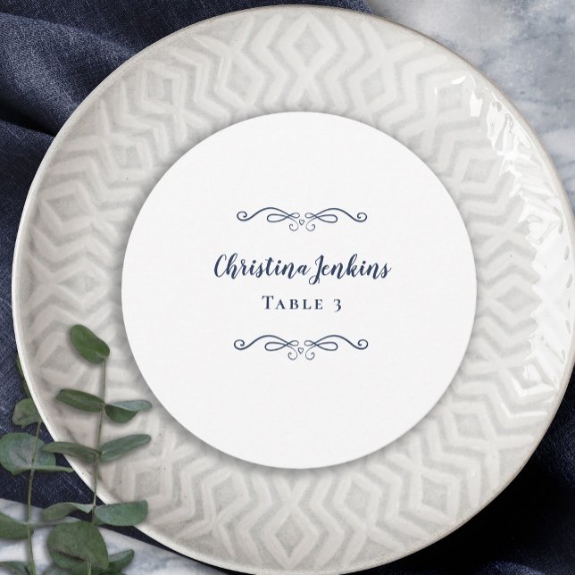Wedding Elegant Blue & White Round Place Card (Creator Uploaded)