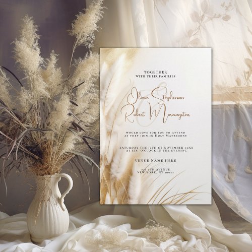 Wedding  Elegant Bohemian Floral Gold Pampas Invitation
