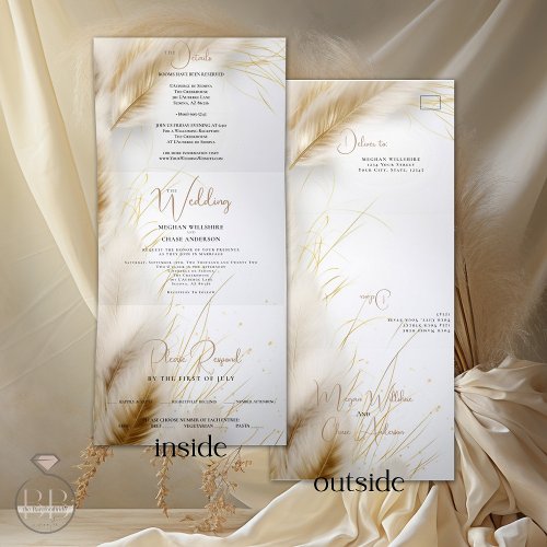 Wedding  Elegant Boho Ivory and Gold Pampas Tri_Fold Invitation