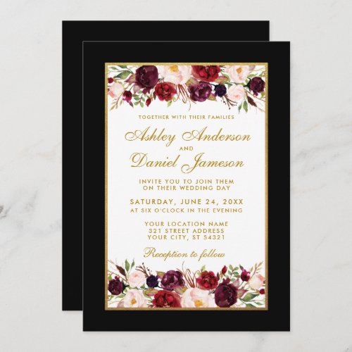 Wedding Elegant Burgundy Floral Black Gold Frame Invitation