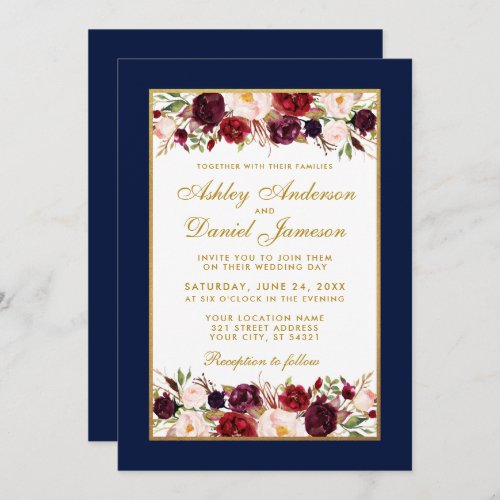 Wedding Elegant Burgundy Floral Blue Gold Frame Invitation