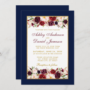 Wedding Elegant Burgundy Floral Blue Gold Invitation