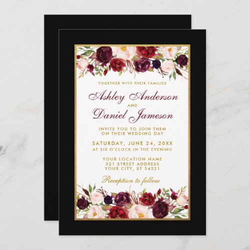 Wedding Elegant Burgundy Floral Photo Black Gold Invitation