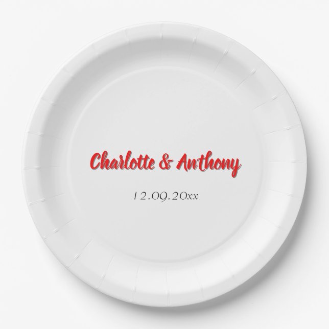 Wedding Elegant Calligraphy Creative Red White Paper Plates (Front)