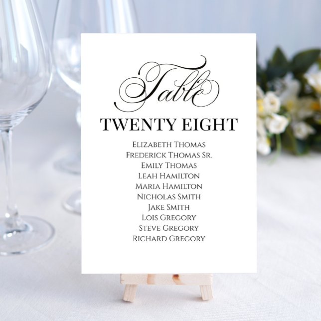 Wedding Elegant Calligraphy Script Table Number (Elegant calligraphy script table number card with simple black and white design. )