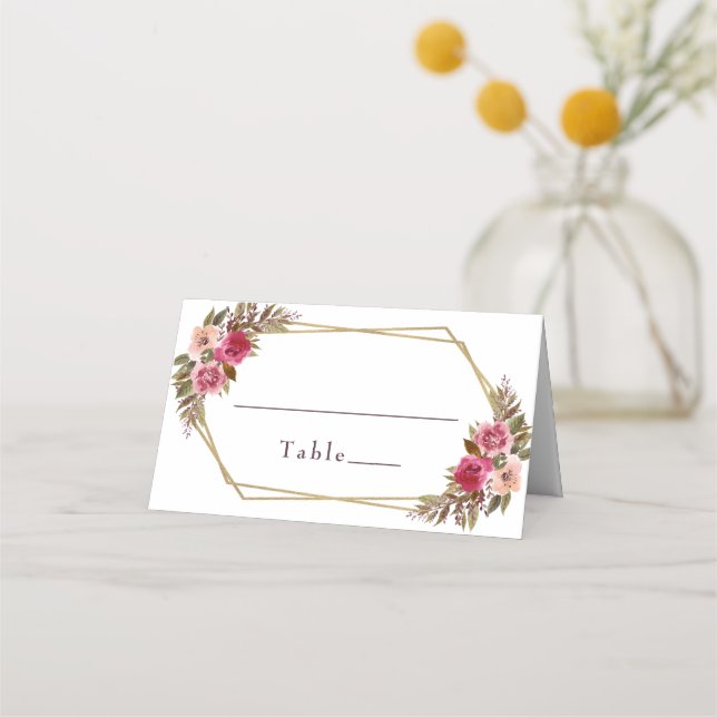Wedding Elegant Chic Floral Gold Frame White Place Card (Front)