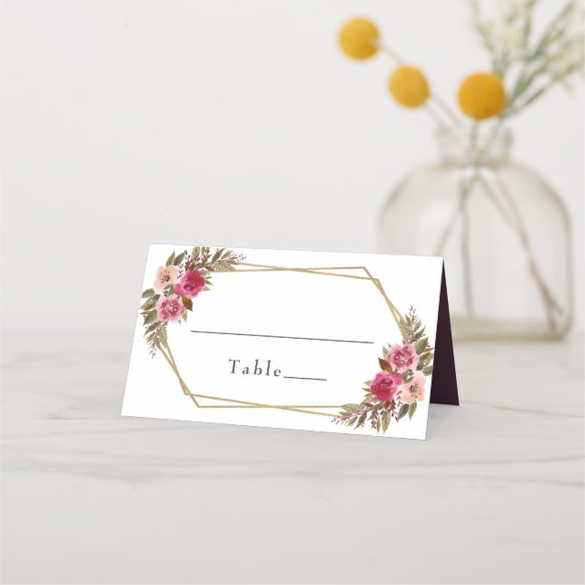 Wedding Elegant Chic Floral Gold Frame White Place Card (Front)
