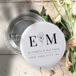 Wedding Elegant Chic Modern Monogram Foliage Button