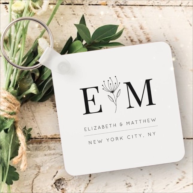 Wedding Elegant Chic Modern Monogram Foliage Keychain (Creator Uploaded)