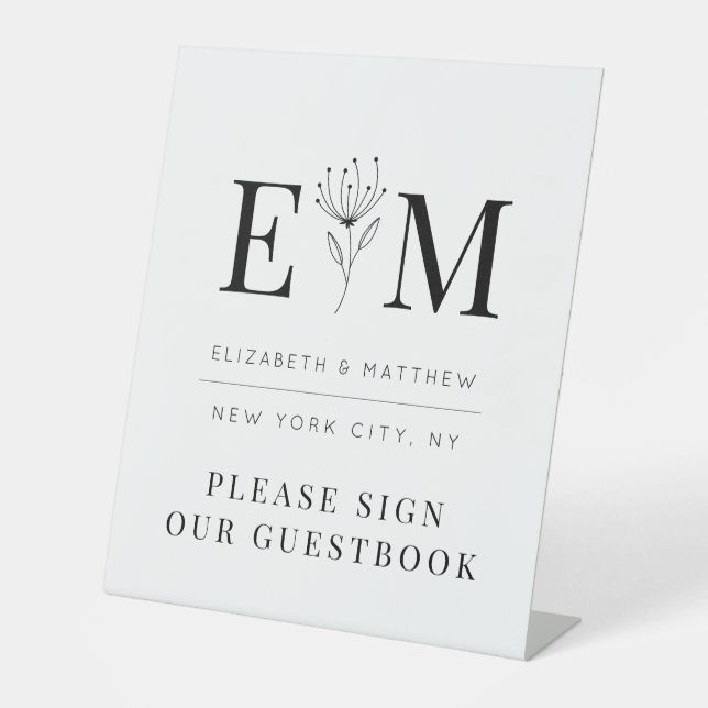 Wedding Elegant Chic Modern Monogram Foliage Pedestal Sign (Front)