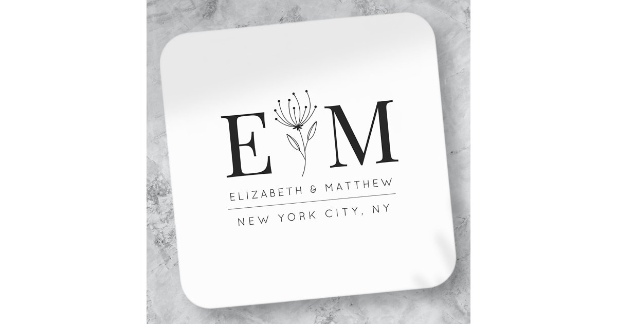 Wedding Elegant Chic Modern Monogram Foliage Square Sticker | Zazzle