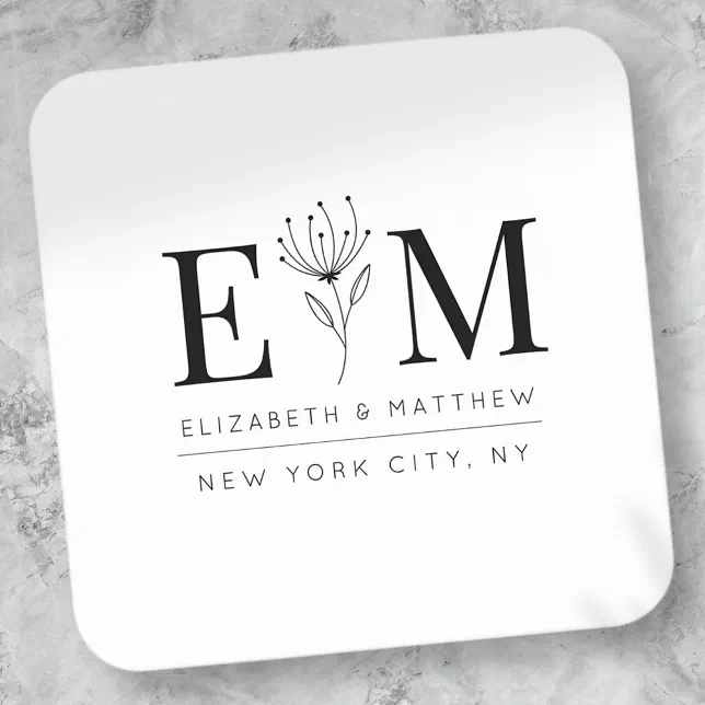 Wedding Elegant Chic Modern Monogram Foliage Square Sticker | Zazzle
