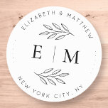 Wedding Elegant Chic Modern Simple Chic Monogram Classic Round Sticker<br><div class="desc">Composed of simple straight lined frames with classic cursive script and serif typography. These elements are simple,  timeless,  and classic.. 

This is designed by White Paper Birch Co. exclusive for Zazzle.

Available here:
http://www.zazzle.com/store/whitepaperbirch</div>