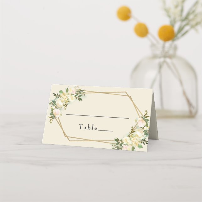 Wedding Elegant Chic Rose Floral Gold Frame Place Card (Front)
