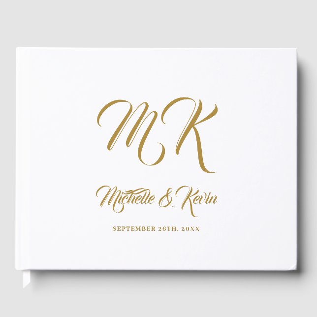 Wedding Elegant Classy Gold Script & White Guest Book (Front)