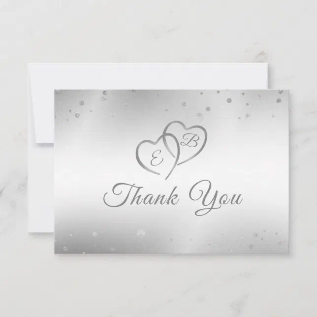 Wedding Elegant Faux Silver Hearts Confetti Script Thank You Card | Zazzle