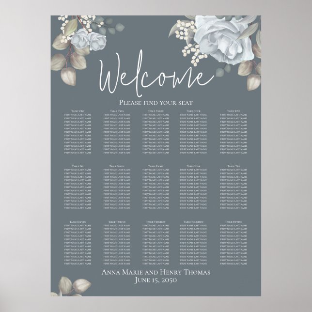 Wedding Elegant Floral Blue Watercolor Roses Poster (Front)