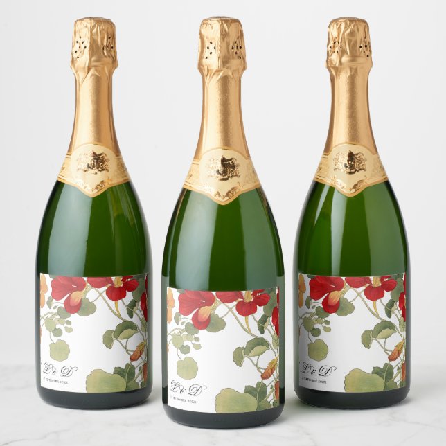 Wedding Elegant Floral Orange Custom Sparkling Wine Label (Bottles)