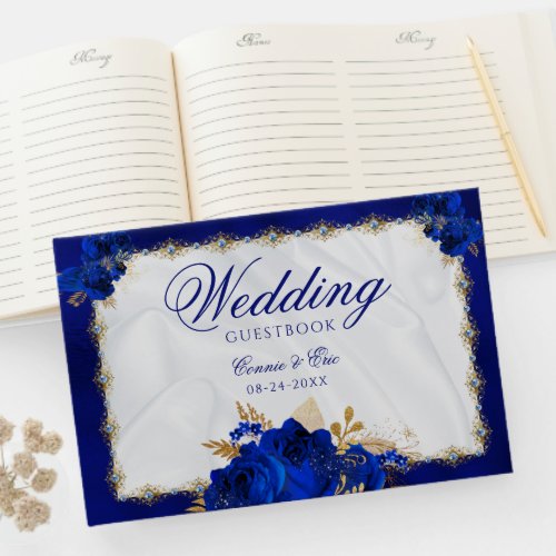 Wedding Elegant Floral Royal Blue White Gold Guest Book