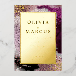 WEDDING Elegant Gold Cassis Plum Brush Strokes Foil Invitation