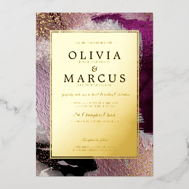 WEDDING  | Elegant Gold Cassis Plum Brush Strokes Foil Invitation (Front)