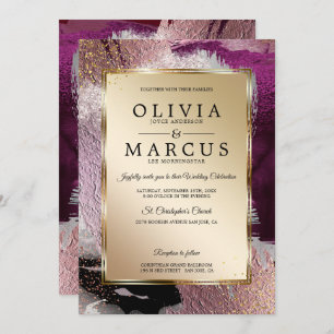 Wedding Elegant Gold Cassis Plum Brush Strokes Invitation