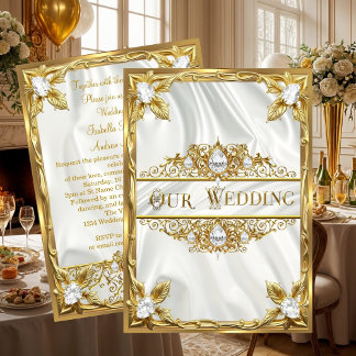 Wedding Elegant Gold Silk White Diamonds Gems Invitation