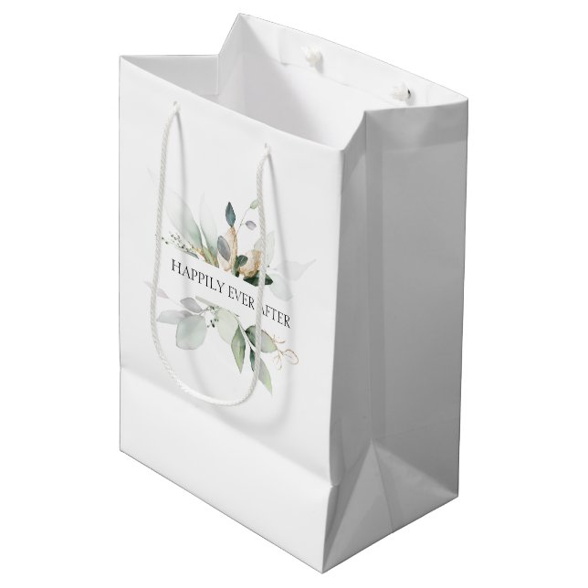 Wedding Elegant Greenery Happily Ever After Medium Gift Bag (Front Angled)