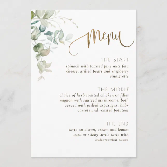 Wedding, Elegant Greenery with Eucalyptus Leaves Menu | Zazzle