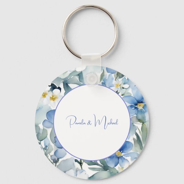 Wedding Elegant Minimalist Classical Blue Floral Keychain (Front)