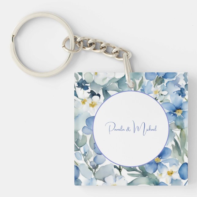 Wedding Elegant Minimalist Classical Blue Floral Keychain (Front)