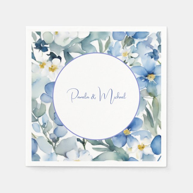 Wedding Elegant Minimalist Classical Blue Floral Napkins (Front)