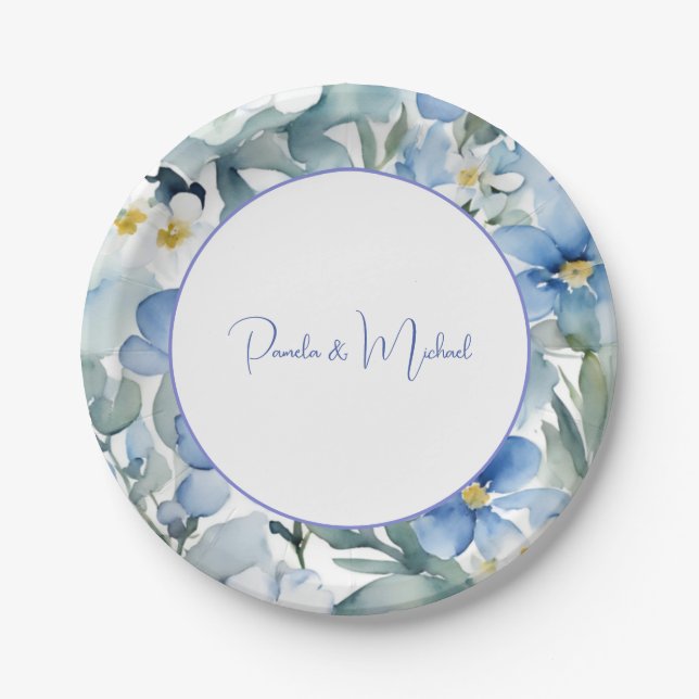 Wedding Elegant Minimalist Classical Blue Floral Paper Plates (Front)