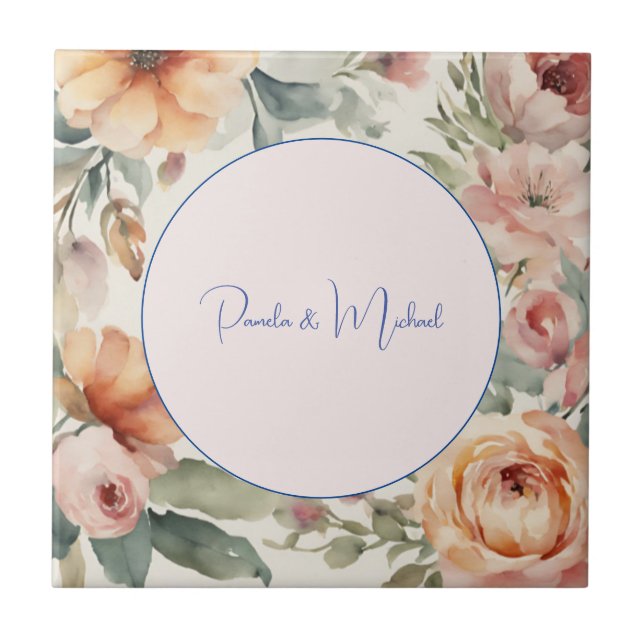 Wedding Elegant Minimalist Classical Floral Ceramic Tile (Front)