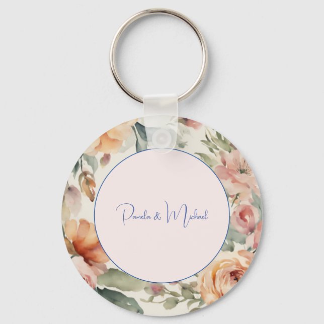 Wedding Elegant Minimalist Classical Floral Keychain (Front)
