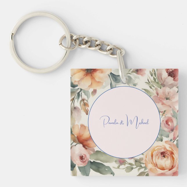 Wedding Elegant Minimalist Classical Floral Keychain (Front)