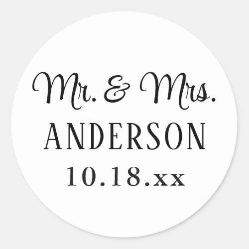 Wedding Elegant Modern Typography Mr and Mrs Classic Round Sticker