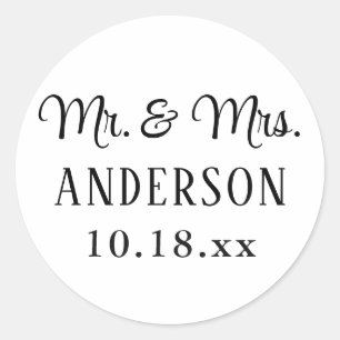 Wedding Elegant Modern Typography Mr and Mrs Classic Round Sticker