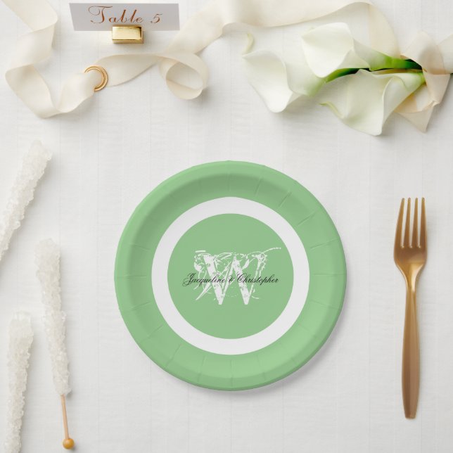 Wedding Elegant Monogram Name Chic Pastel Green  Paper Plates (Wedding)
