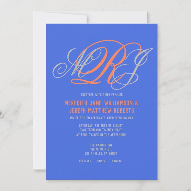 Wedding Elegant Monogram Royal Blue Grey Coral Invitation (Front)