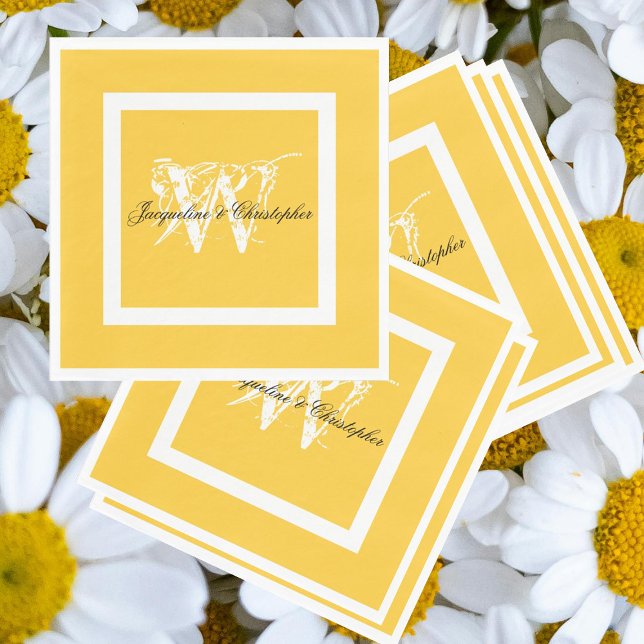Wedding Elegant Monogram Script Chic Yellow Paper Napkins (Chic script, sunny yellow paper napkins for a simple elegant wedding, engagement or bridal shower.)