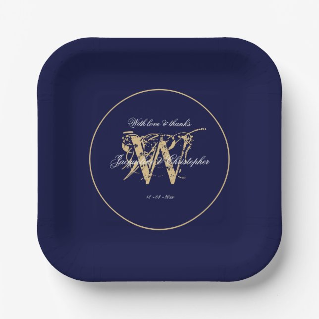 Wedding Elegant Navy Blue And Gold Monogram Chic  Paper Plates (Front)