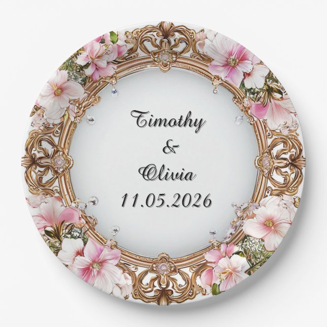 Wedding Elegant Ornate Floral Frame Paper Plates (Front)